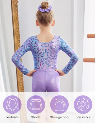 Arshiner Girls Gymnastics Leotard Set 6-7 Years Purple Leopard Long Sleeve Tumbling Outfit