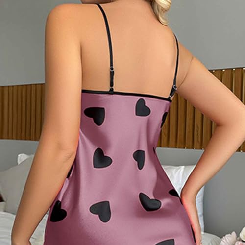 Womens Nightdress Fashion Print Sexy Backless Ice Silk Sling Pajamas Dresses Nightgowns Chemise Sleepwear Lingerie Style002 Purple Small