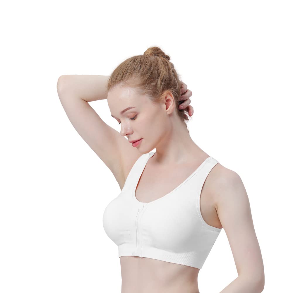 Women's Zip Front Sports Bra - Wireless, Padded, Racerback, Running, Yoga, Seamless Mastectomy Bra - Post-Surgery Zipper Closure