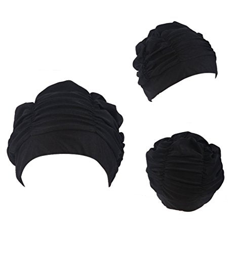 Ewanda store Colorful Pleated Nylon Cloth Swim Cap Large Swimming Cap Hot Spring Bathing Caps for Adult Men Women Long Hair(Black)