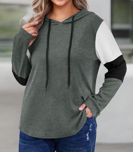 BISHUIGE Women's Winter Plus Size Fashion Color Block Hoodies Long Sleeve Tops, 2XL, Dark Gray