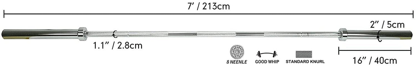 7 Feet Long Olympic Barbell Weightlifting Barbell with 2” Spring Clips Solid Iron Weighted Workout Bar 2" Bar End Diameter 700 LB Capacity for Home Gym Exercises