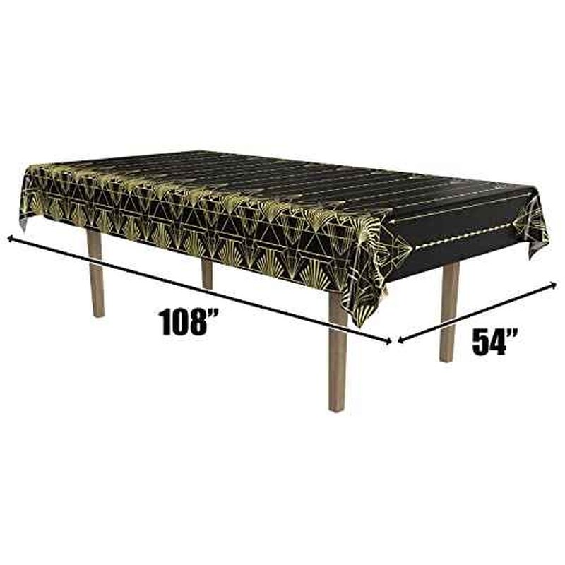 Beistle 2-Count Great 1920s Tablecover, Art Deco Decor & Table Decorations for Party, Hollywood Decor, Plastic Black & Gold Plastic Cover, 54" x 108"