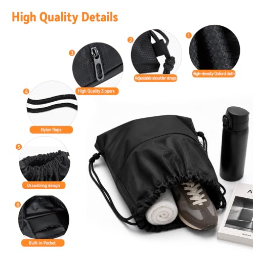 Arae Small Water Resistant Drawstring Backpack Bag - Black Gym Sack
