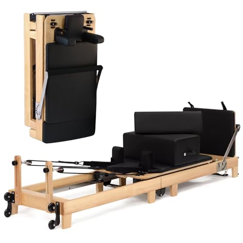 Folding Pilates Reformer Machine-Home Pilates Reformer Wooden Yoga Fitness Equipment Pilates Reformer Workout Machine for Home Gym with Reformer Accessories, Pilates Reformer Box, Pilates Jump Board