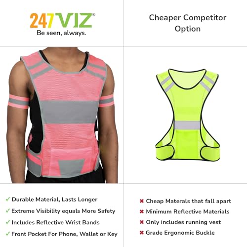 247 Viz Mesh Reflective Vest with Inside Pocket - High Visibility Reflective Running Gear Safety Vest Straps for Men, Women,Kids, for Night Running, Walking, & Cycling