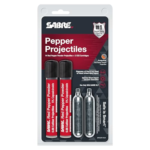 SABRE Home Defense Pepper Projectile Launcher, with 7, .68 Cal. Projectiles, 40% More Stopping Power, Direct Impact Up to 60ft., Area Saturation Up to 175ft, includes SABRE Compact Pepper Gel Canister