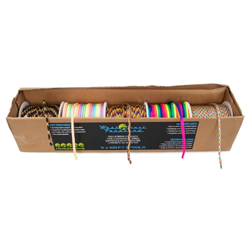 West Coast Paracord 550lb Paracord Variety Supplies – Type III Paracord Box Set – 100 Foot Spools of 5 Colors