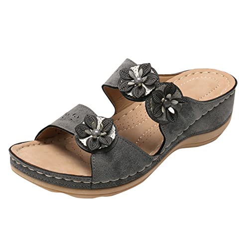 Shengsospp Womens Espadrilles Wedges Sandals Open Toe Slip On Strappy Flat Sandals with Elastic Ankle Strap Dressy Summer Walking Sandals 05_Grey, 5.5