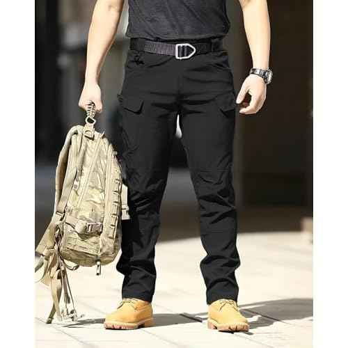 Men's Tactical Pants Stretch Waterproof Fabric Durable Cargo Pants for Hiking Casual Work Multi Pockets (No Belt)