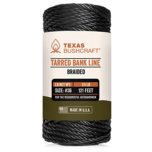 Texas Bushcraft Tarred Bank Line Twine - #36 Black Nylon String for Fishing, Camping and Outdoor Survival – Strong, Weather Resistant Bankline Cordage for Trotline (1/4 lb - #36 (131 ft), Braided)