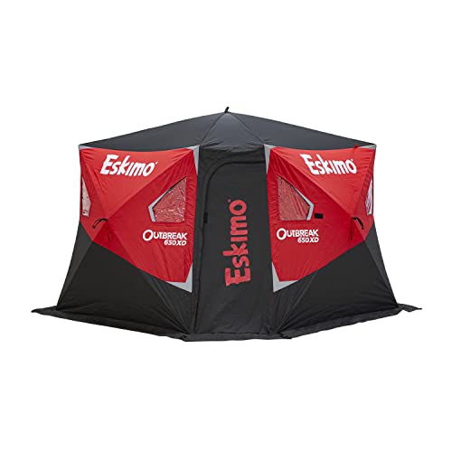 Eskimo Outbreak 650XD Pop-up Portable Insulated Ice Fishing Shelter, 94 sq ft. Fishable Area, 5-7 Person, Red/Black, 143" x 135" & 35600 Pistol Bit 8" Ice Auger Drill Adaptive Ice Auger