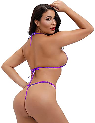 EVAbaby Sexy Women Halter Neck Bra Top Thong Summer Swimwear Mini Micro Bikini Set Purple