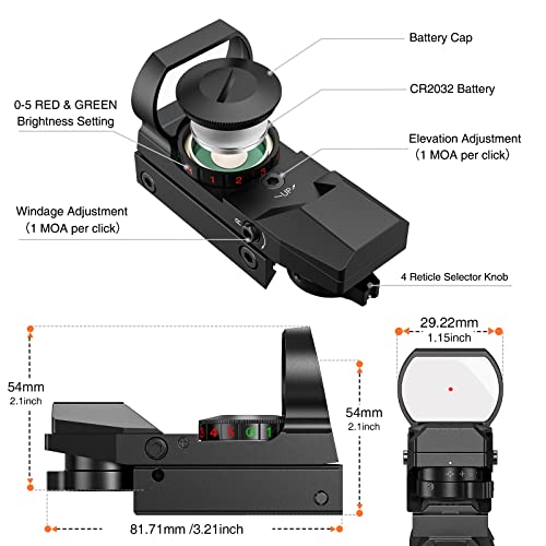 EZshoot Red Green Dot Gun Sight Scope Reflex Sight, 4 Adjustable Reticles Holographic Optic Black with 20mm Rail Mount