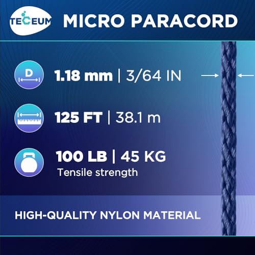 TECEUM Micro Paracord – Navy Blue – 1.18 mm x 125 ft – Micro Utility Cord – Thin Braided Paracord Rope Nylon Polyester – Wind Chime Replacement – Survival Strong String 038c