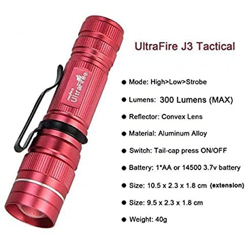 ULTRAFIRE Small Tactical LED Flashlight with AA Battery, 300 Lumens 3 Modes Adjustable Focus Bright Mini EDC Flashlight for Kids Camping Outdoor, J3 (Pink)