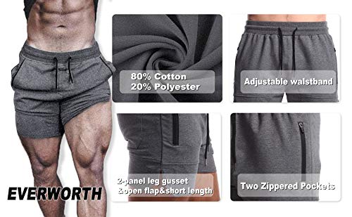 EVERWORTH Men's Solid Gym Workout Shorts Bodybuilding Running Fitted Training Jogging Short Pants with Zipper Pocket Grey XL