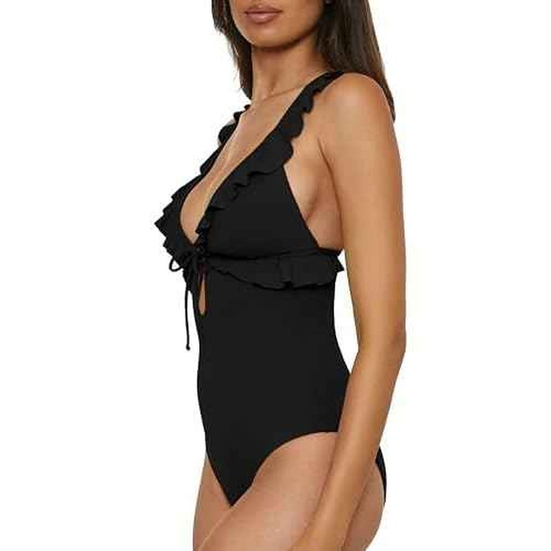Lucky Brand Women's Sea of Love Ruffle One Piece Swimsuit, Plunge Neck, Bathing Suits