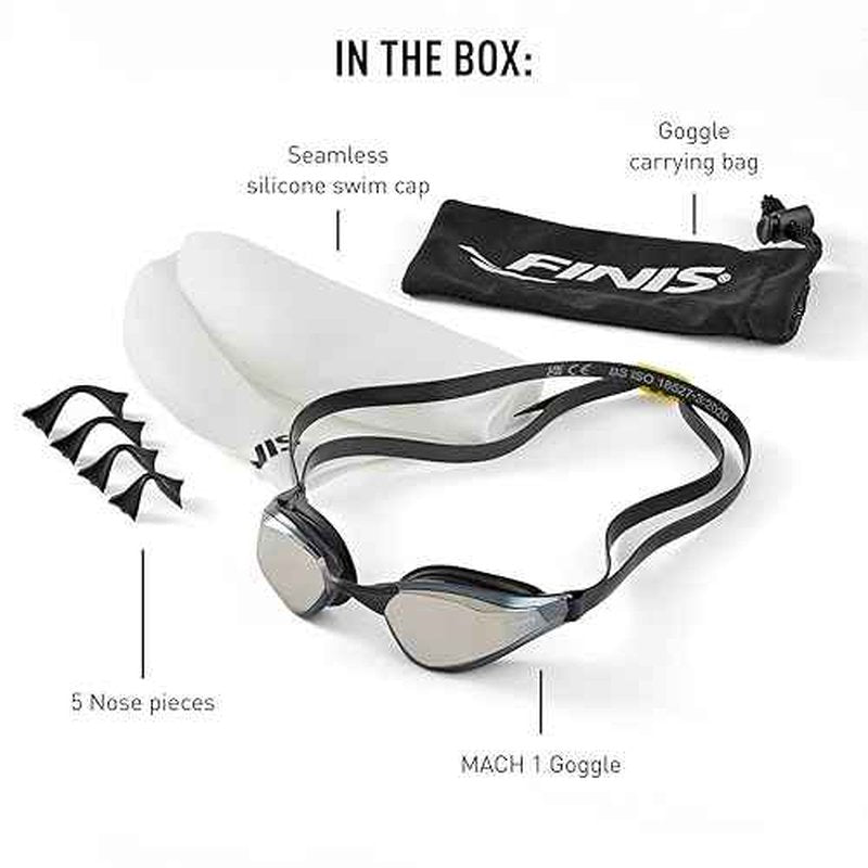 FINIS Mach 1 Low-Profile Racing Goggles With Carry Bag - 5 Nose Pieces - Swim Cap - Titanium