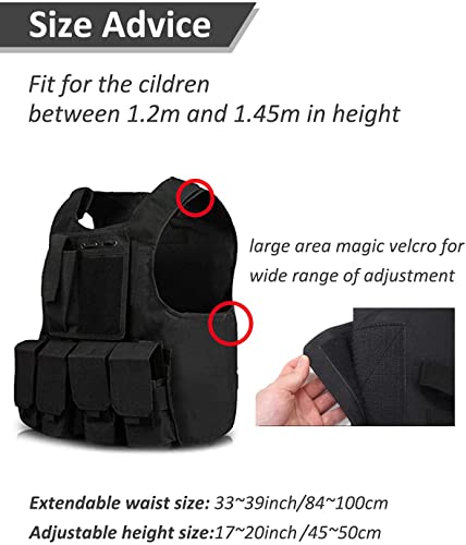 UNIVIVO Kids Tactical Vest Youth Army Costume for Boys Girls 8 10 12 14 Outdoor Airsoft Game (Black)