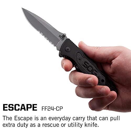 SOG Escape Tactical Folding Pocket Knife- 3.4 Inch Serrated Edge Blade Knife w/ Glass Breaker, Wire Stripper and Line Cutter Blades-Satin (FF25-CP),Black