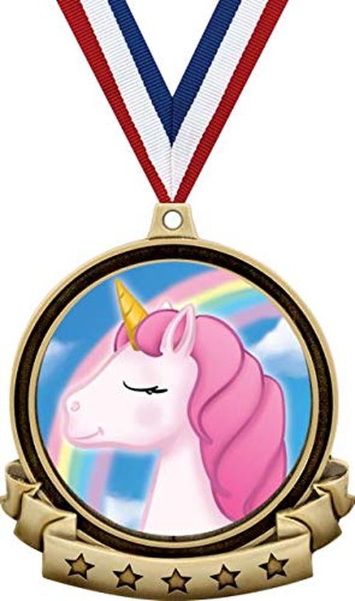 Unicorn Medals - 2.5" Gold Unicorn Medal Award Includes Red White and Blue Neck Ribbon, Great Unicorn Awards 5 Pack Prime