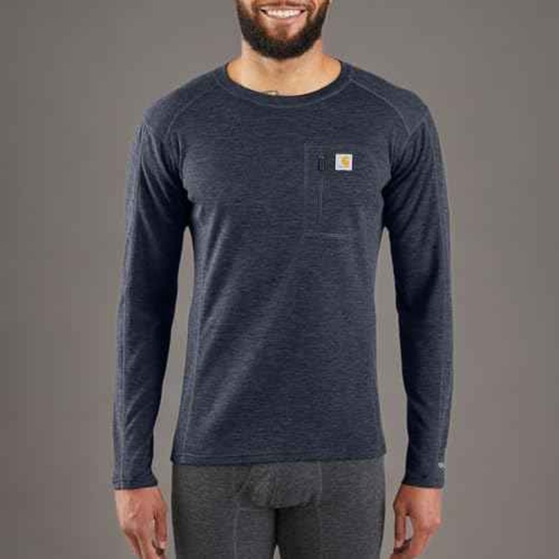 Carhartt Men's Force Midweight Synthetic-Merino Wool Blend Base Layer Crewneck Pocket Top, Navy Heather, Large US