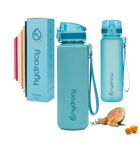 Hydracy Water Bottle with Time Marker -Large BPA Free Water Bottle & No Sweat Sleeve -Leak Proof Gym Bottle with Fruit Infuser Strainer & Times to Drink -Ideal Gift for Fitness Sports & Outdoors