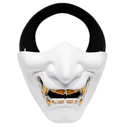 AOUTACC Airsoft Half Face Masks, Evil Demon Monster Kabuki Samurai Hannya Oni Half Face Protective Masks for Masquerade Ball, Party, Halloween, Cs War Game, BB Gun(White)