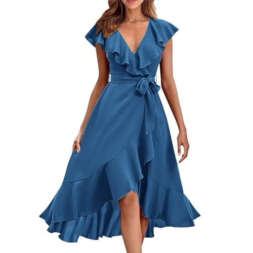 Generic Wedding Guest Dress, Engagement Dresses for Women Vestidos Formales para Mujer Womens Summer Wrap V Neck Split Party Dress Ruffle Short Sleeve Midi Dress with Belt Sky Blue Medium