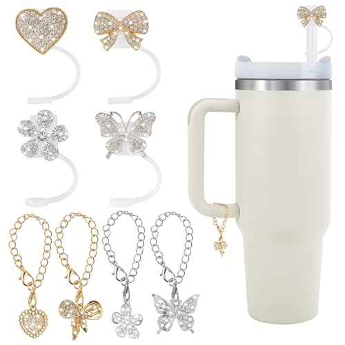 Straw Covers for Stanley Cup Accessories - 10mm 0.4" Straw Lids with Shiny Diamond Bows, Butterflies, and Flowers and Matching Chain Charms for 30 & 40oz tumblers with Handles£¨Gold & Silver)