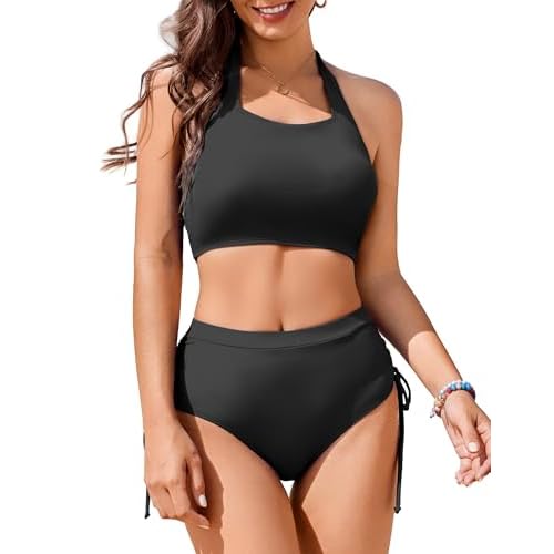 AI'MAGE Womens High Waisted Bikini Sets Cheeky Push Up Two Piece Swimsuits Drawstring Halter Tummy Control Bathing Suit