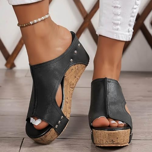 KAPRIOY Womens Sandals Wedge Thick Bottom Studded Comfort Slope Sandals Women Summer Fashion Peep Toe Slip On Slide Slippers