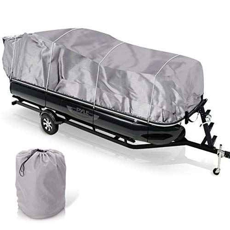 PYLE Boat Cover, Boat, Boat Covers, Heavy Duty Trailerable Waterproof Marine Grade Polyester, Fits Pontoon/Deck Boats 21-24 ft, Beam Width up to 94", Includes Storage Bag, Gray, 300D PU Coated