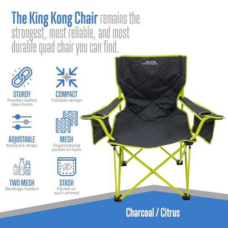 ALPS Mountaineering King Kong Camping Chairs for Adults with Mesh Cup Holders and Pockets, Built Durable and Reliable with Compact Foldable Steel Frame, Charcoal/Citrus