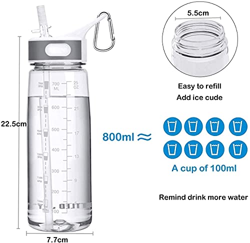 Louis Donné Water Bottle with Straw, 28oz Sports Water Bottle with Time Marker and Tritan, BPA Free and Leakproof, For Bottled Joy Sports Jug, Water Bottle with Carabiner For Fitness, Yoga - Clear