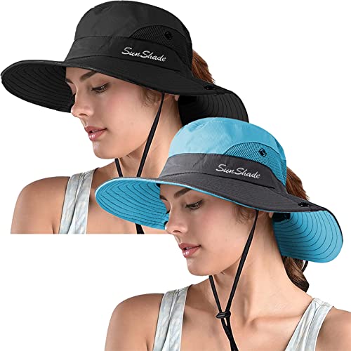 ZOORON 2 Pack Women's Ponytail Safari Sun Hat,Wide Brim UV Protection Outdoor Bucket Hat,Foldable Beach Summer Fishing Hat