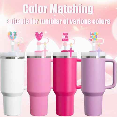10mm Straw Toppers Set, Pink Jenus Faith Straw Covers Cap with Clip-on Cross Charms for 30oz 40 0z Stanley Tumblers, Cute and Bling Modern Simple Tips Stanley Accessories