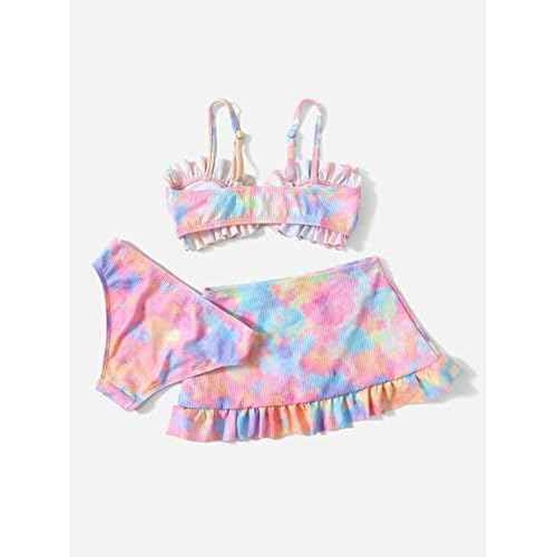 WDIRARA Toddler Girl's 3 Pieces Tie Dye Bikini Swimsuit with Ruffle Trim Beach Skirt