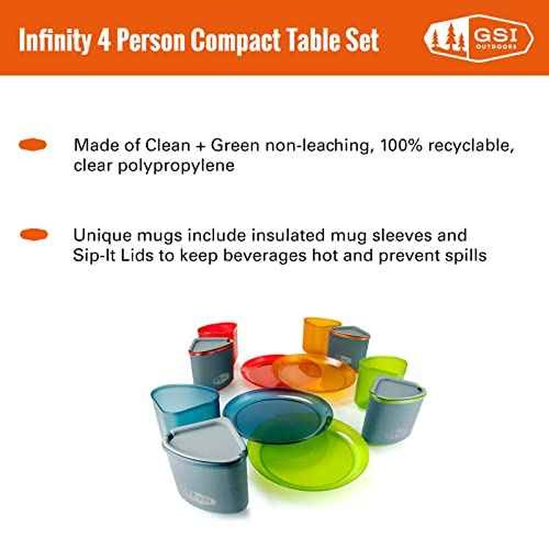 GSI Outdoors Infinity 4 Person Compact Nesting Tableset for Ultra-Light and Compact with Cup, Bowls and Plates for Camping, RV, or BBQ
