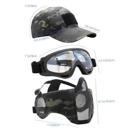 Yzpacc Airsoft Half Face Mask with Goggles Patch Hat Set Tactical Masks Full Face Ear Protective Baseball Cap for CS Halloween and Game