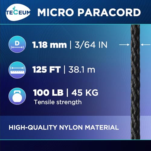 TECEUM Micro Paracord – Black – 1.18 mm x 125 ft – Micro Utility Cord – Thin Braided Paracord Rope Nylon Polyester – Wind Chime Replacement – Survival Strong String 016c