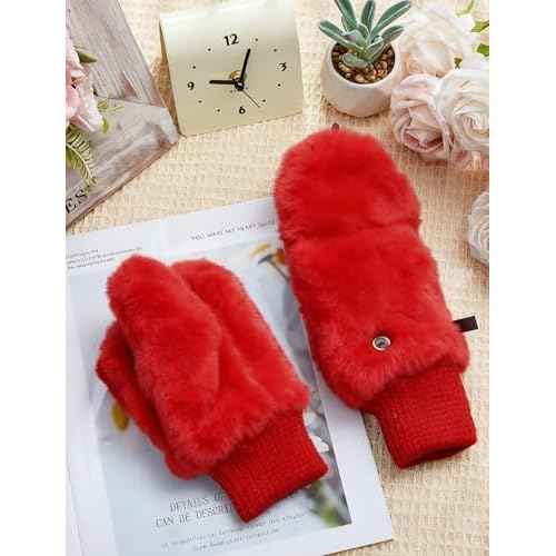 SATINIOR Faux Fur Mittens Fingerless Gloves Convertible Gloves Fluffy Winter Warm Soft Half Finger Fuzzy Mittens for Women
