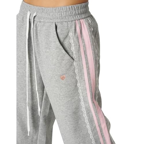 Aelfric Eden Lace Stripe Patchwork Sweatpants Casual Baggy Pant for Women Wide Leg Elastic Drawstring Trousers