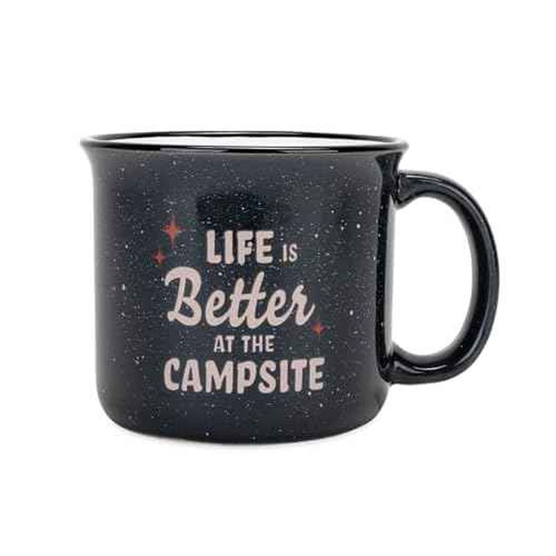 Camco Life is Better at The Campsite Ceramic Coffee Mug - Microwave and Dishwasher Safe - Features Speckled Blue Background with Life is Better at the Campsite Design - Coffee Cup Holds 14oz. (53473)