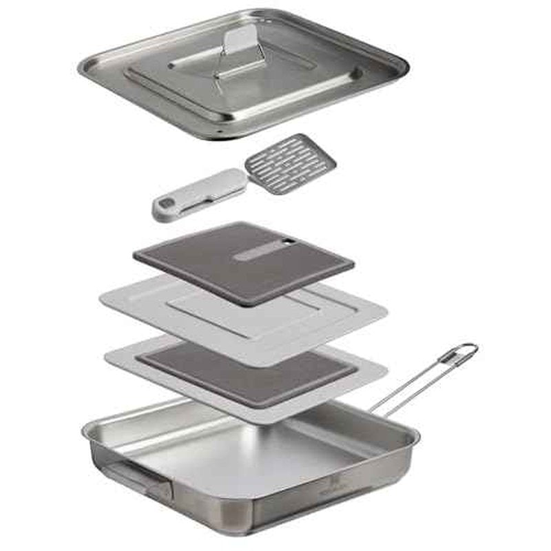 Stanley Wildfare Pro 5-Piece Stainless Steel Square Pan Cook Set | 10 in Fry Pan with Fold & Lock Handle | Cutting Board and Spatula | Camping Essentials for Your Camp Kitchen | BPA-Free