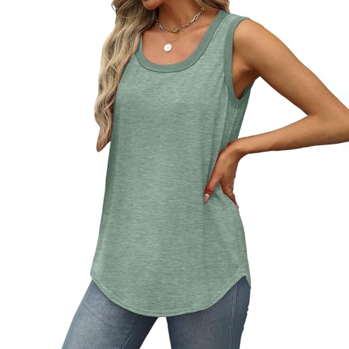 Borniu Womens Tank Tops Summer Loose Sleeveless Tops Scoop Neck Curved Hem Casual Flowy Shirt 2024 Outfits Clothes White