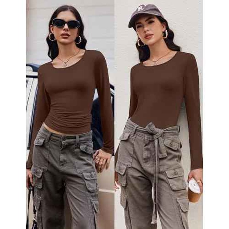Ekouaer Long Sleeve Shirts for Women 3 Pack Scoop Neck Fitted Tops Thermal Undershirt Stretch Base Layer Soft Tee XS-XXL