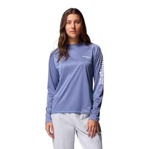 Columbia Womens PFG Tidal Tee II Long Sleeve Sun Protection Shirt, Bluebell Heather/White Logo, XX-Large