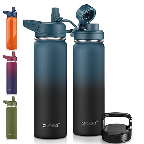 CIVAGO 32 oz Insulated Water Bottle With Straw, Stainless Steel Sports Water Cup Flask with 3 Lids (Straw, Spout and Handle Lid), Wide Mouth Travel Thermal Mug, Sage